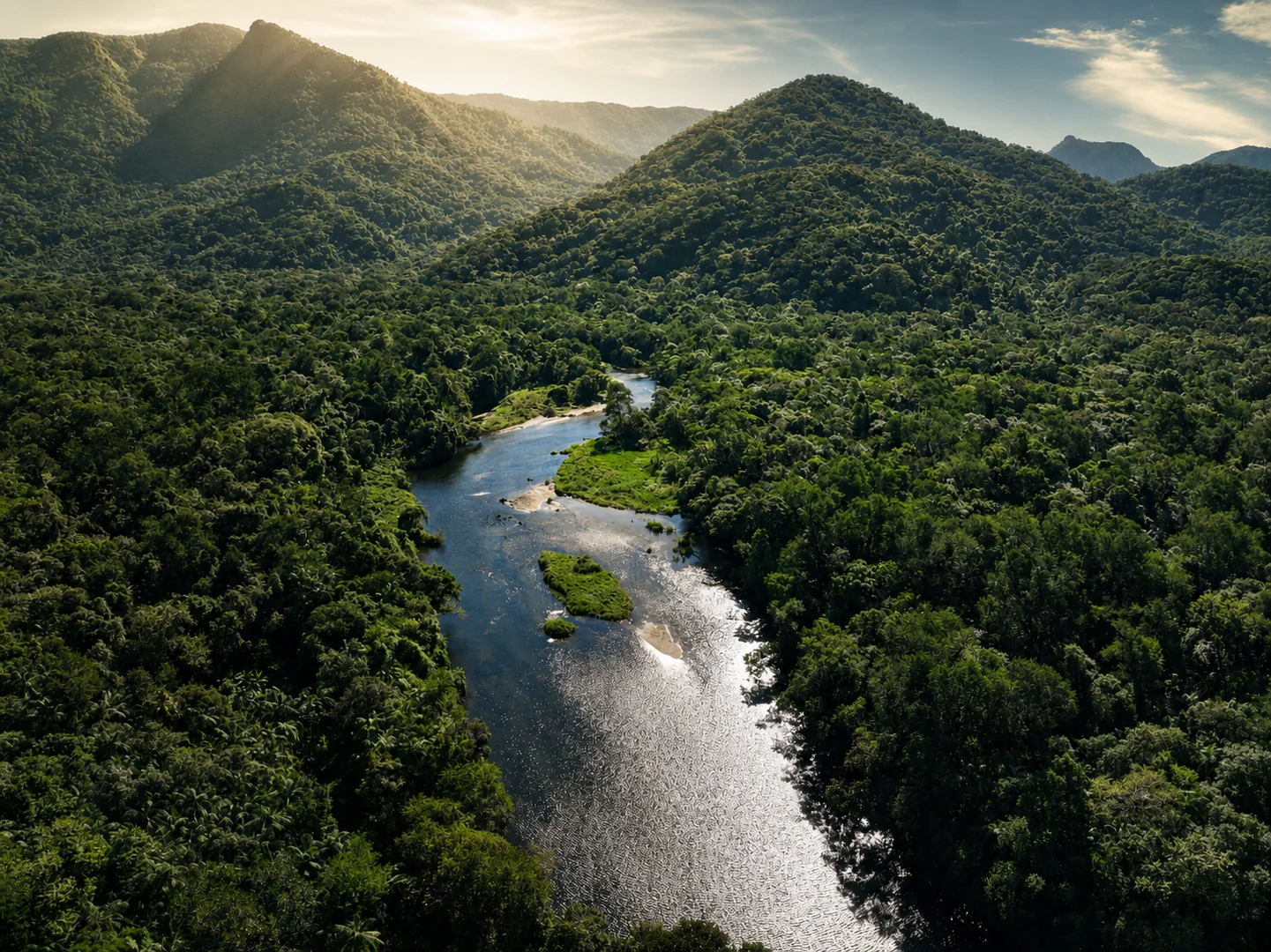 Vista aérea de uma floresta preservada cortada por um rio sob luz natural